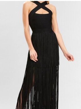 Hervé Léger Black Fringe Halter Gown Cross Back Bandage Dress Size s